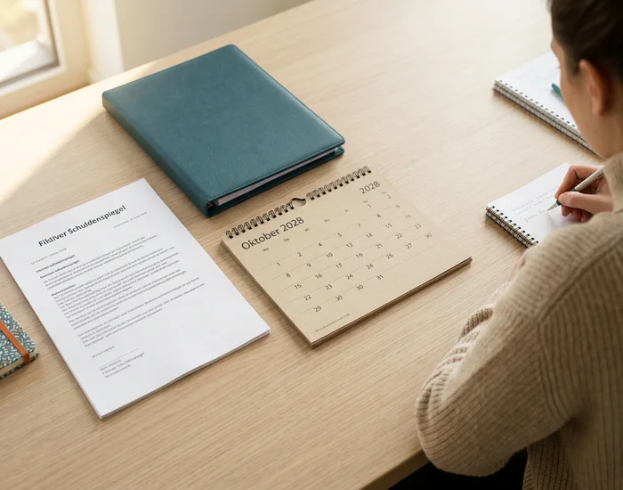 Fiktiver Schuldenspiegel neben einem Kalender auf Oktober 2028 und einer geschlossenen Mappe.